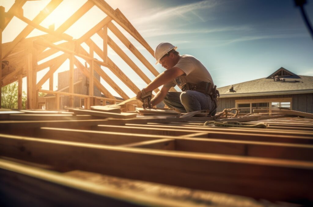 Dachdecker und Zimmermann mit Schutzhelm bei Arbeiten an der Dachkonstruktion, Bauarbeiter auf dem Dach, generative KI