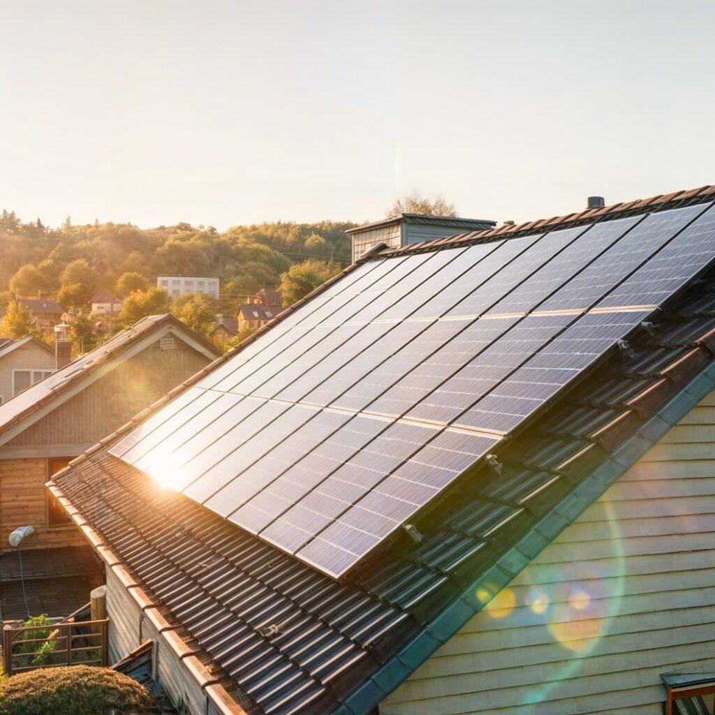 Das Solardach eines Einfamilienhauses reflektiert die Sonnenstrahlen